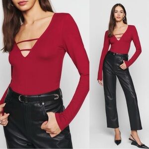 Reformation Leland Knit Top Longsleeve V-Neck Dark Romantic in Sangre Red Size M